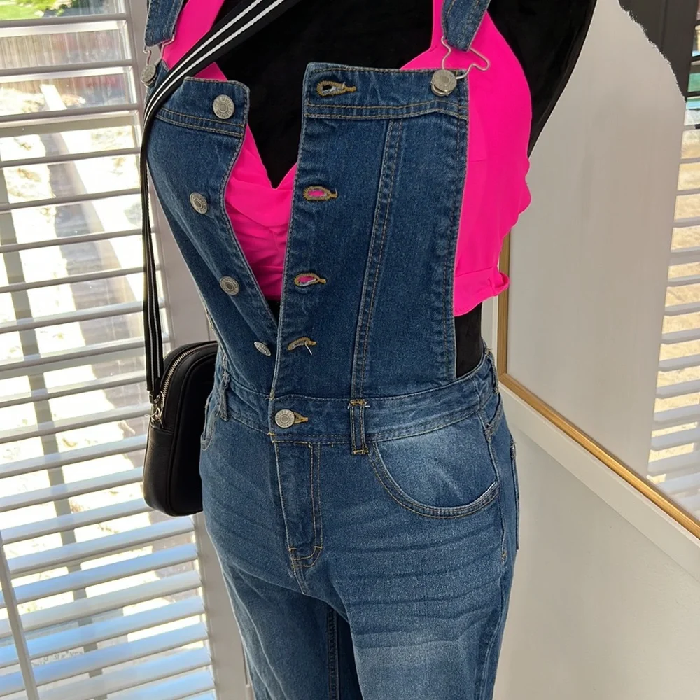 Love Tree Denim Racerback Button Bib Overalls, Size S